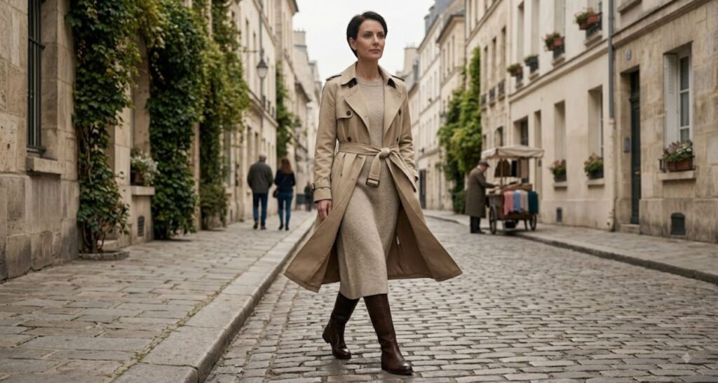 Stone trench coat worn loosely belted over a neutral dress with knee-high boots
