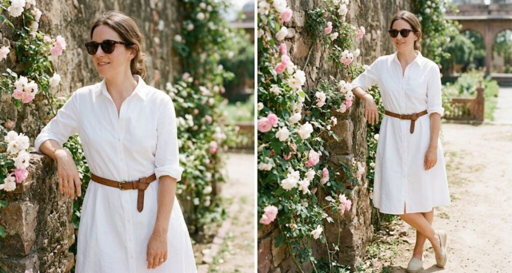White cotton shirt dress belted with brown leather - old money aesthetic dress outfit ideas
