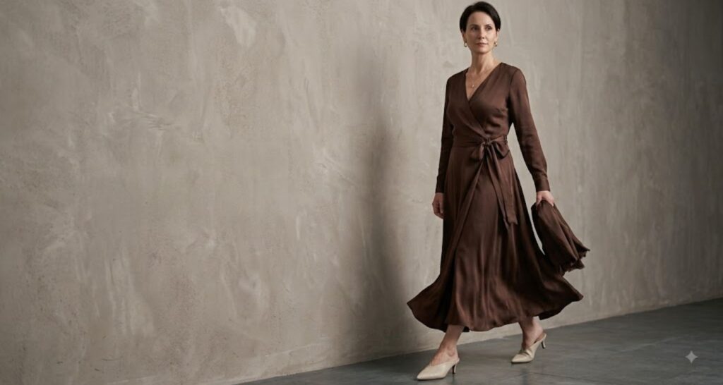 Solid chocolate silk wrap dress with a pointed mule and minimal gold jewelry