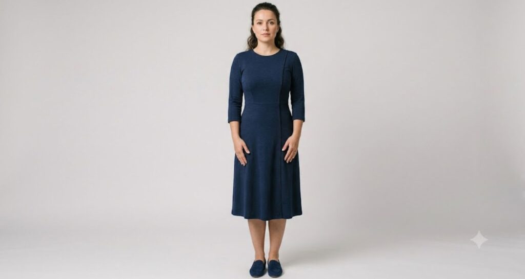 Petite woman in navy dress with vertical seam detail creating a lengthening silhouette