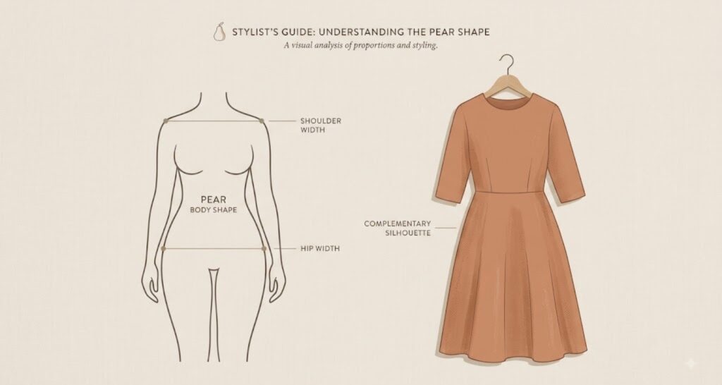 Illustration showing pear shaped body silhouette and proportions compared to a dress hanger