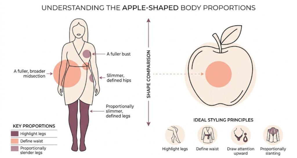 Diagram of apple shaped body proportions and characteristics