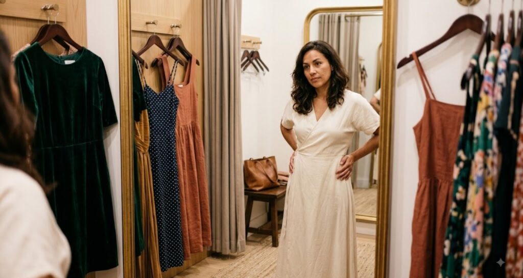 Woman trying on dresses in a fitting room mirror