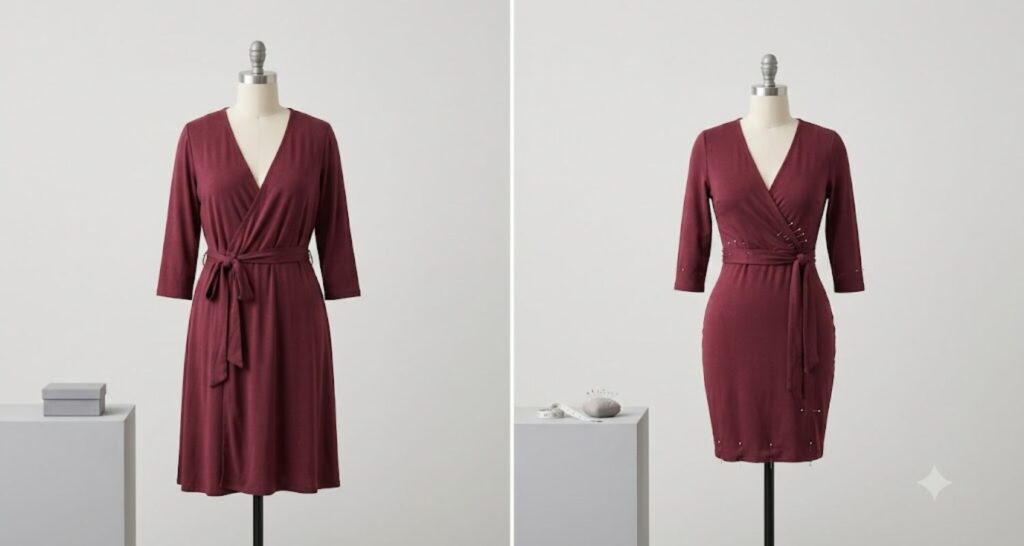 Comparison of standard-size vs petite-fitted dress showing why petite curvy sizing differs