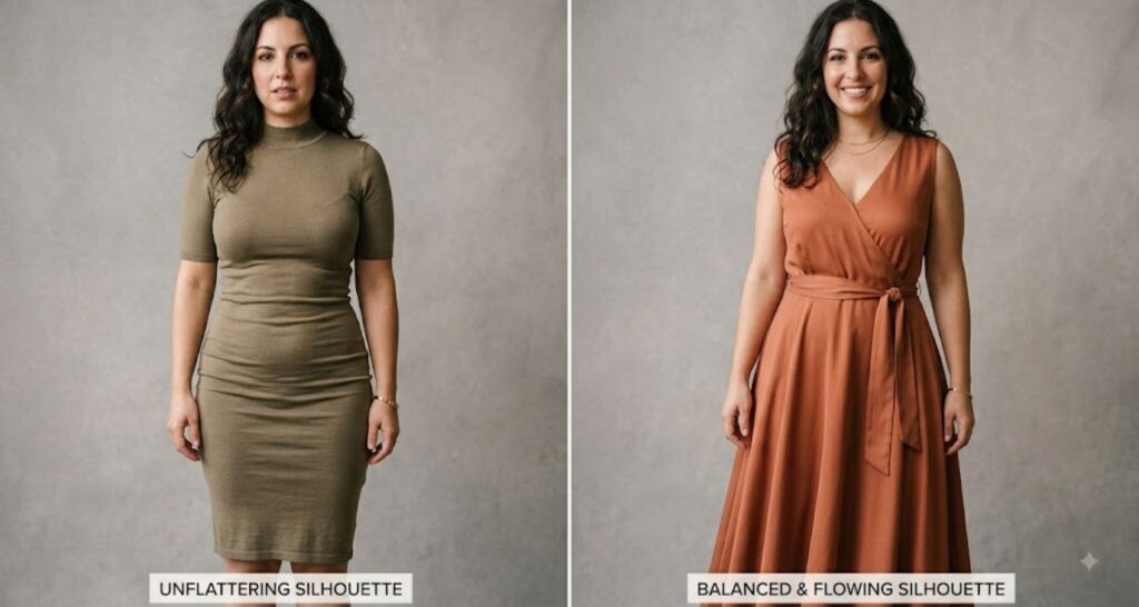 Comparison of flattering vs unflattering dress silhouette on a pear shaped body