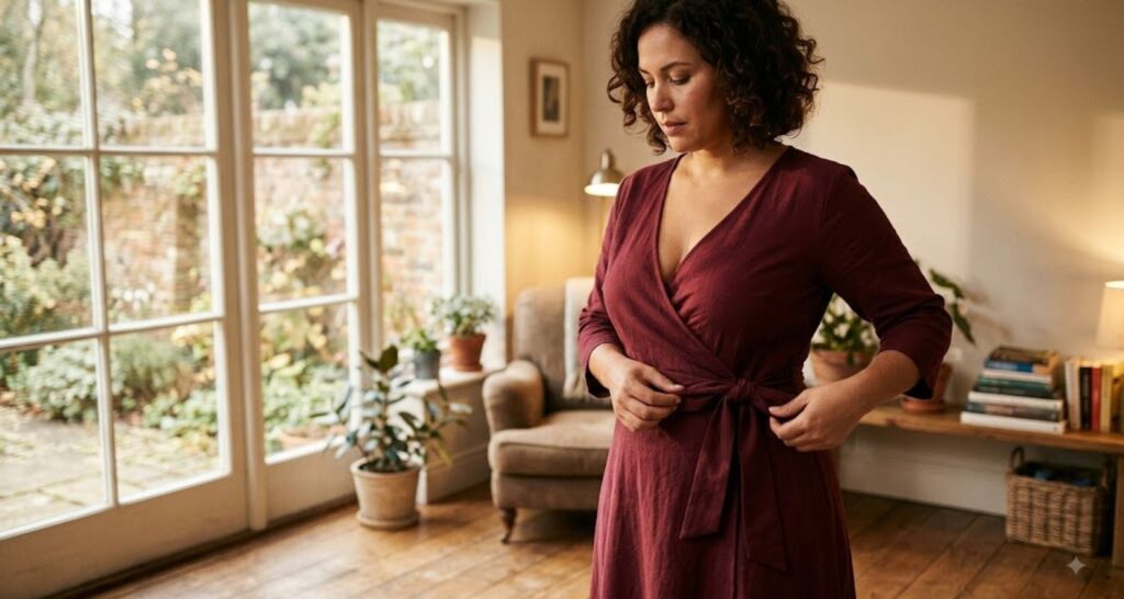 Wrap dress with V-neckline for apple shaped body