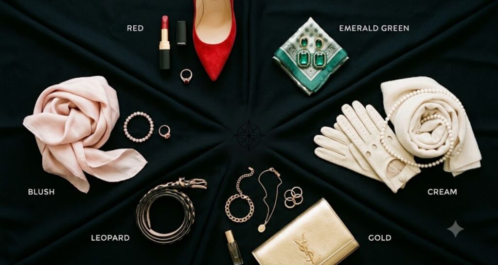 Flat lay of red, gold, cream, emerald, blush, and animal print accessories arranged on black fabric