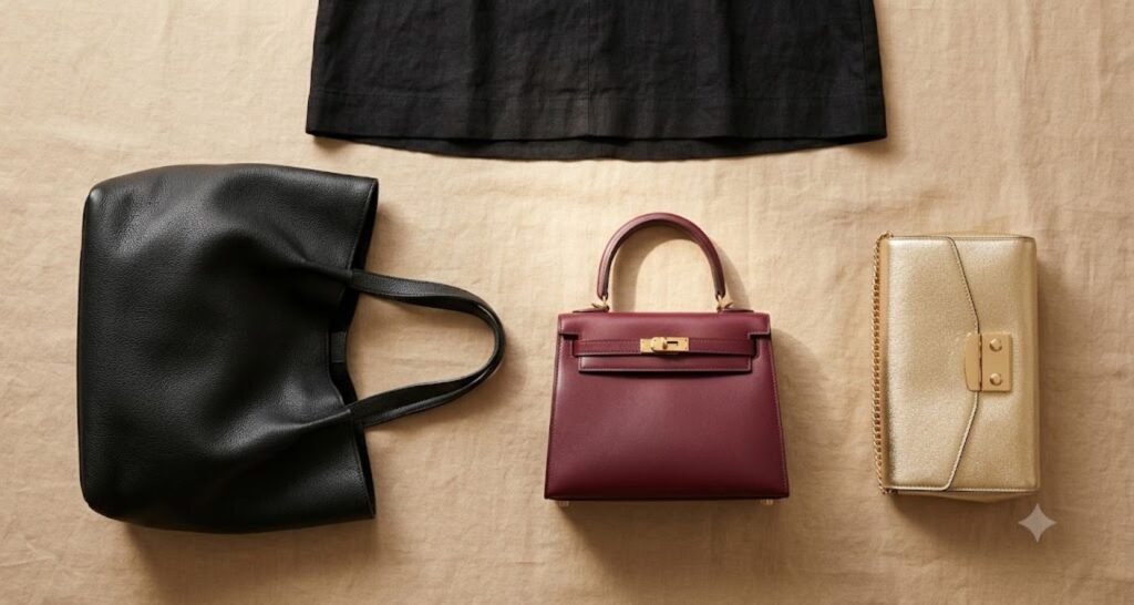 Three handbag options with a black dress: slouchy black tote, structured burgundy bag, and gold clutch