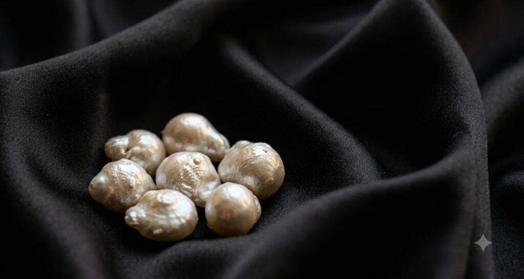 Baroque pearl necklace resting on black satin fabric showing iridescent texture