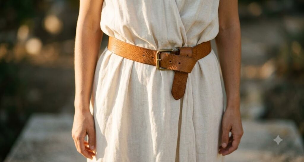 Wide leather belt cinched over a flowing maxi dress to break up the silhouette