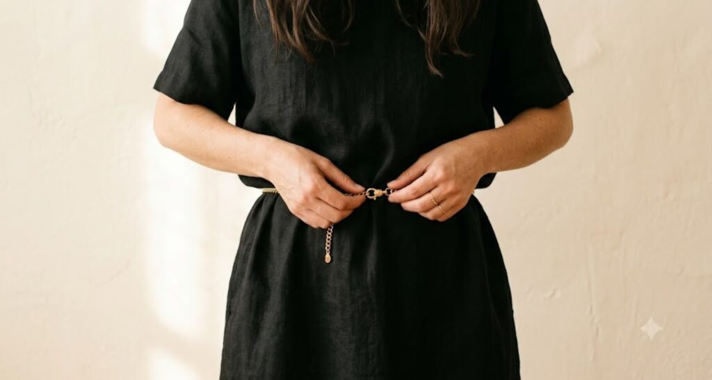 Close-up of a thin gold chain belt cinching a loose black shift dress at the waist