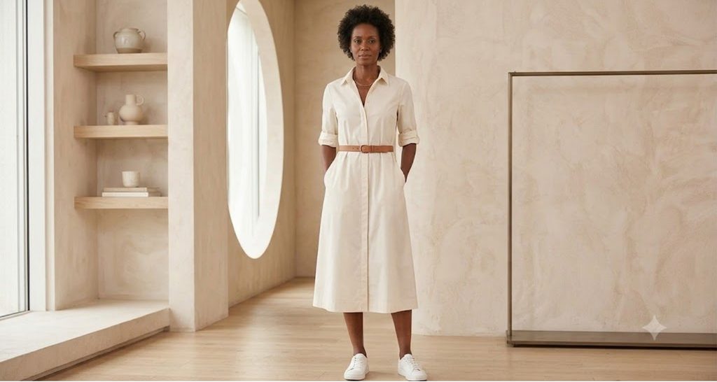 shirt dress belted at the waist for an hourglass figure