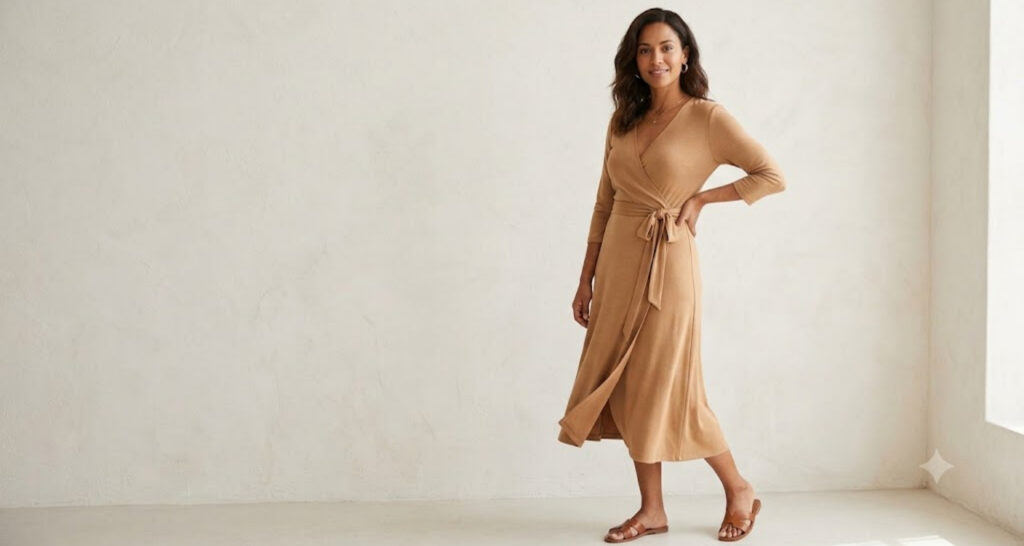 Woman wearing a camel wrap dress that defines the waist