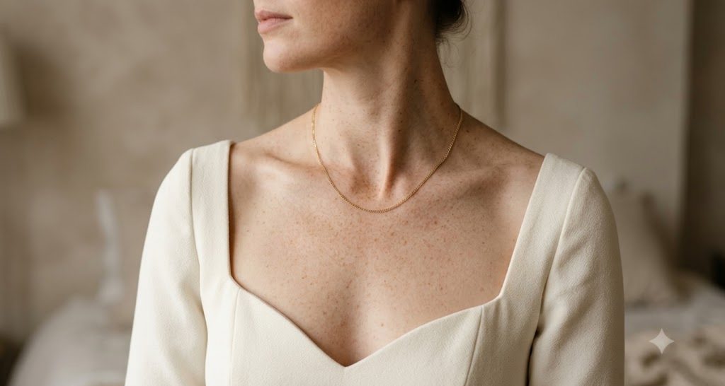 Sweetheart neckline on a cream dress, a flattering neckline for an hourglass body shape