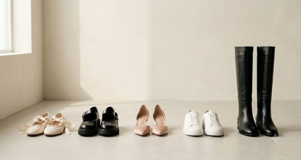 Row of coquette-friendly shoes including ballet flats, Mary Janes, kitten heels, sneakers and knee-high boots