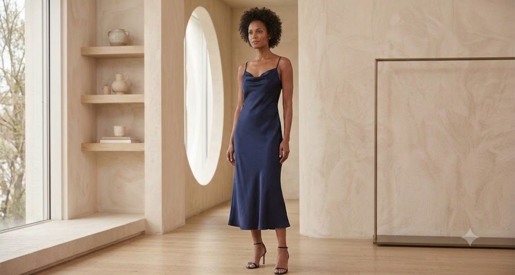 Bias-cut navy silk slip dress draping smoothly over an hourglass figure