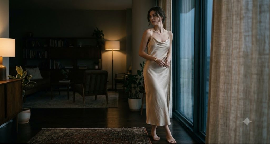 Tall woman in a champagne bias-cut satin slip dress showing the fabric's diagonal drape