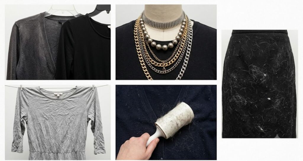 Common black dress styling mistakes including faded fabric, lint, wrinkles, and over-accessorizing
