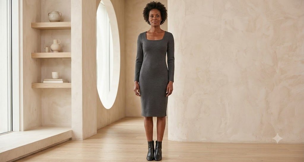 Structured ponte bodycon dress fitted correctly on an hourglass figure