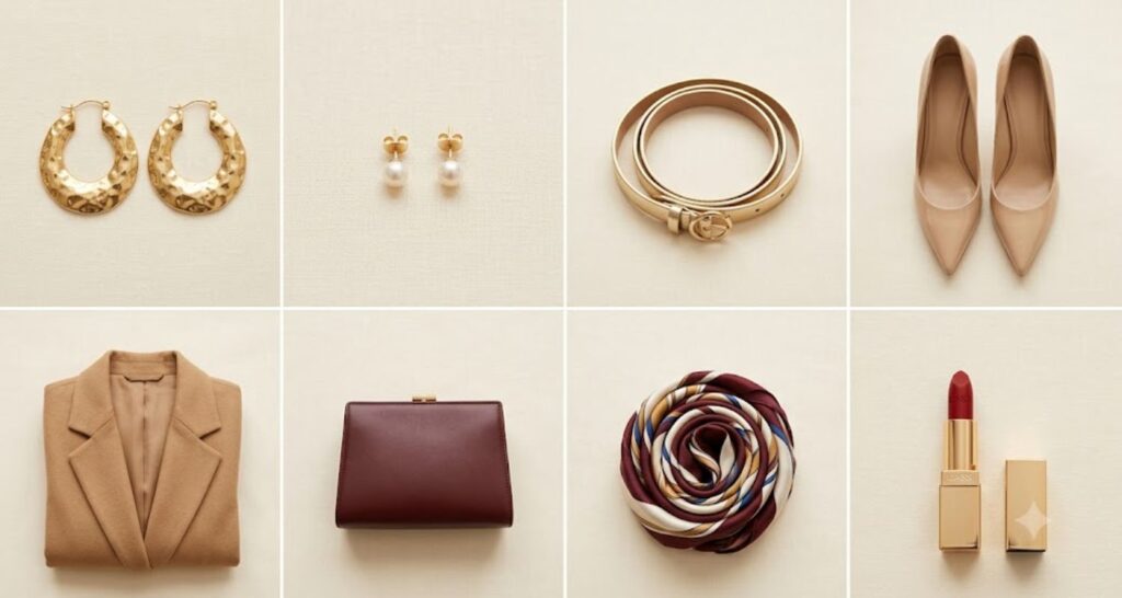 Eight-piece accessory capsule for styling a black dress including earrings, belt, heels, blazer, and lipstick