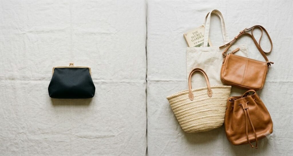 Structured clutch compared with casual tote, crossbody, straw, and bucket bags