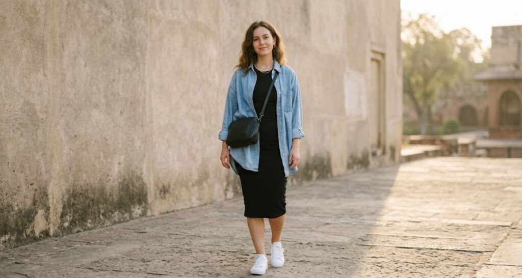 Bodycon dress layered with an oversized open button-down shirt and sneakers