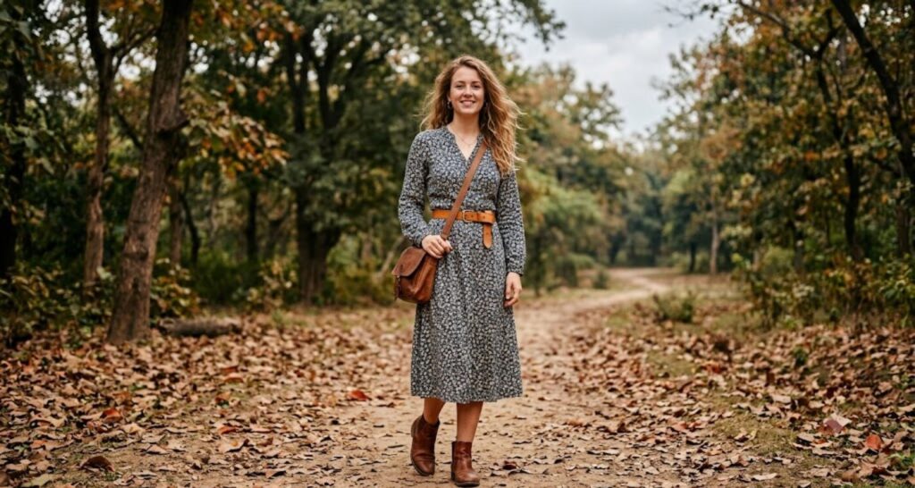 Floral midi dress styled casually with ankle boots, a belt, and a crossbody bag