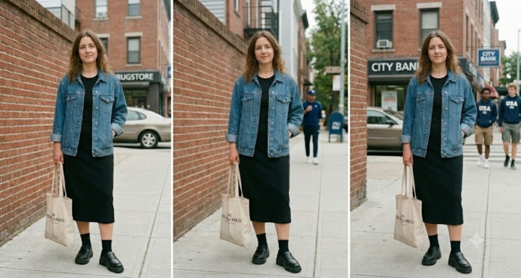 Little black dress dressed down with loafers, a denim jacket, and a canvas tote