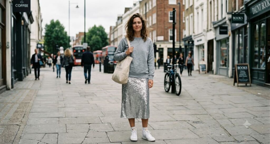 Sequin dress worn with a gray sweatshirt over the top and sneakers for daytime