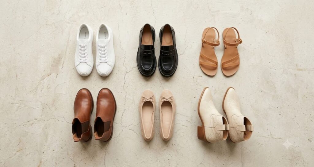 Six casual shoe styles that dress down a dress — sneakers, loafers, sandals, boots, and flats.