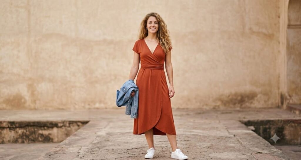 Wrap dress dressed down with white sneakers and a denim jacket