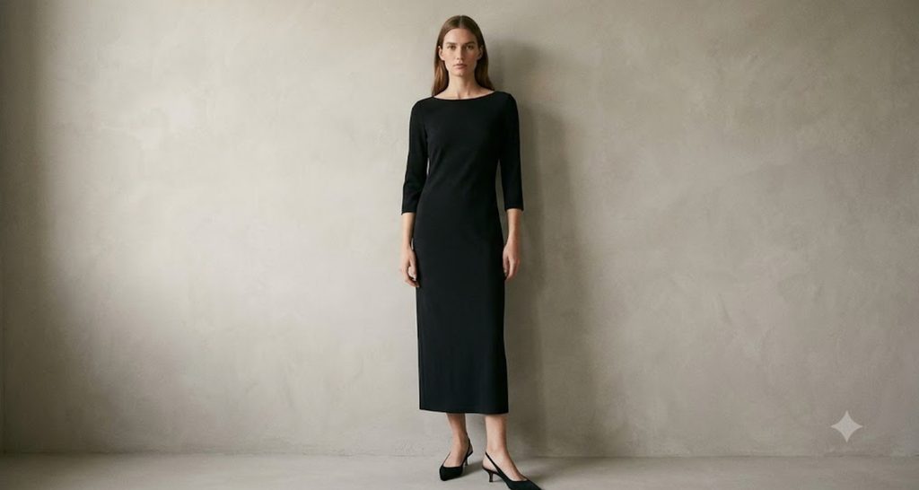 Tall woman in a black crepe column dress standing against a neutral wall