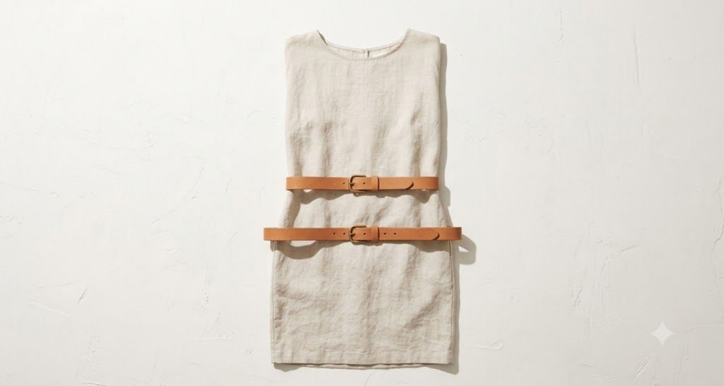 Belt placement comparison showing natural waist versus low hip positioning on a dress