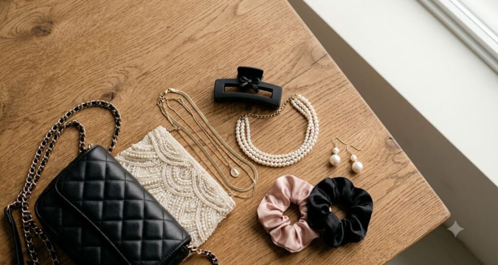 Flat lay of coquette accessories including a quilted bag, pearl choker, gold chains and bow hair clips