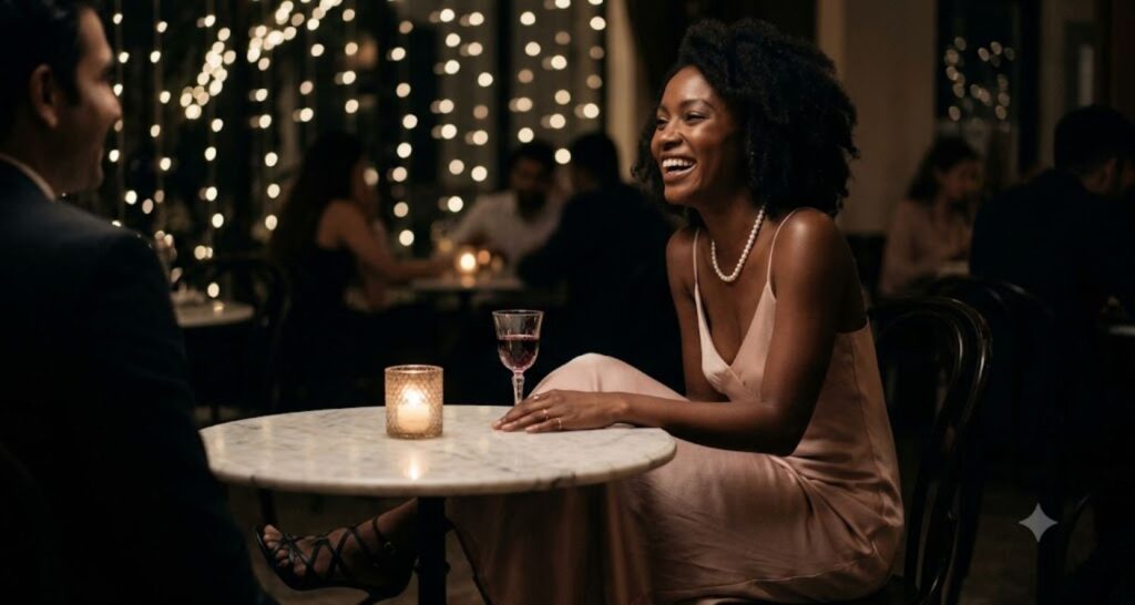 Woman in blush satin slip dress and pearl necklace at a candlelit restaurant table for a date night coquette look