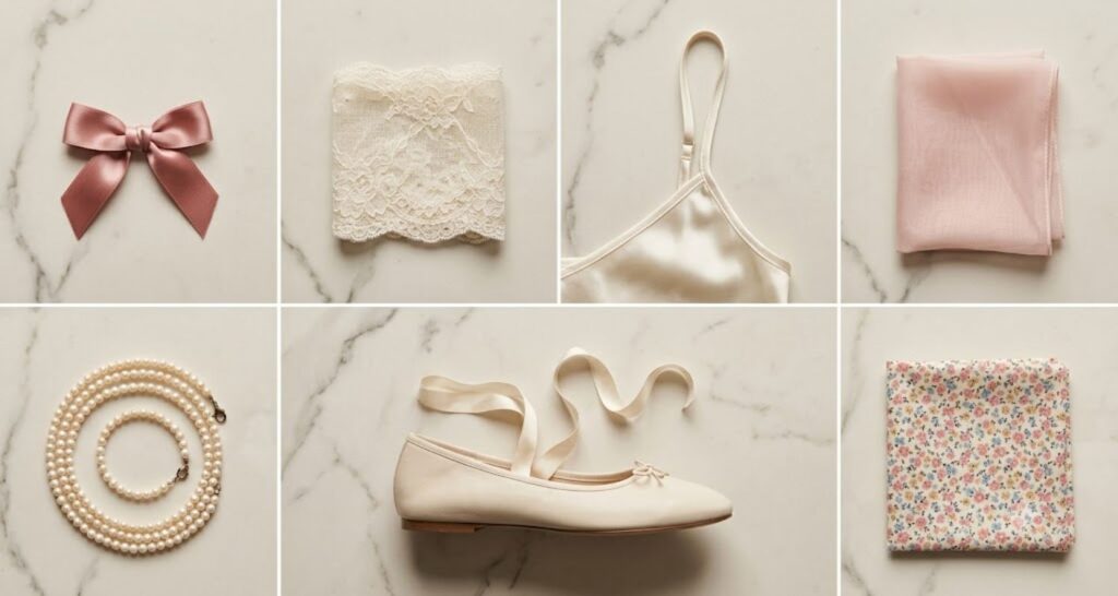 Grid of seven coquette style elements - coquette style dress outfit ideas