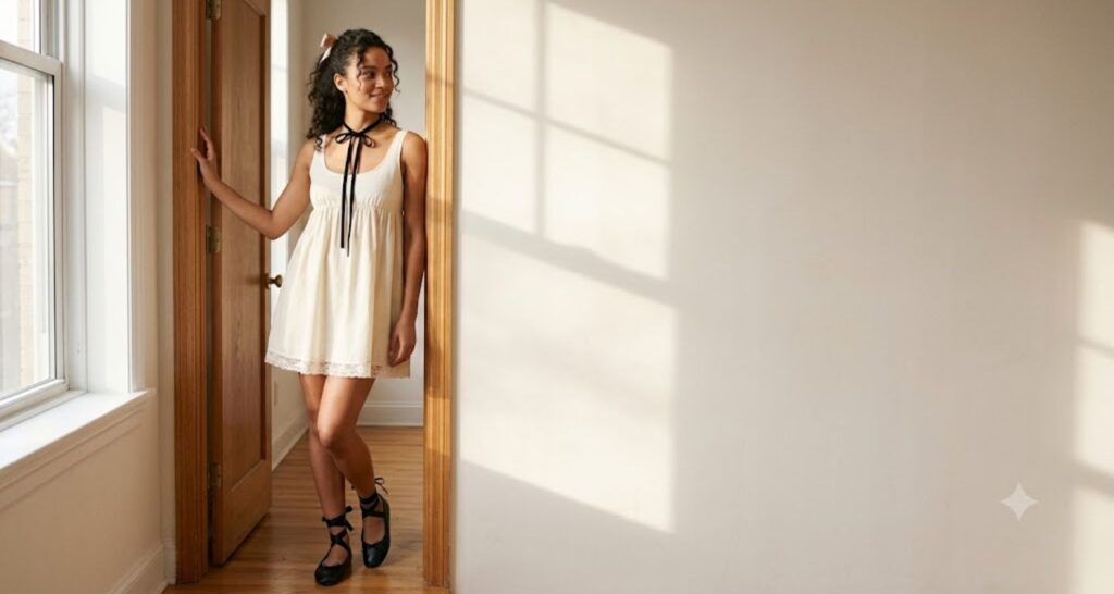 Woman in a cream lace-trim coquette dress with a black ribbon choker and ballet flats standing in sunlit doorway
