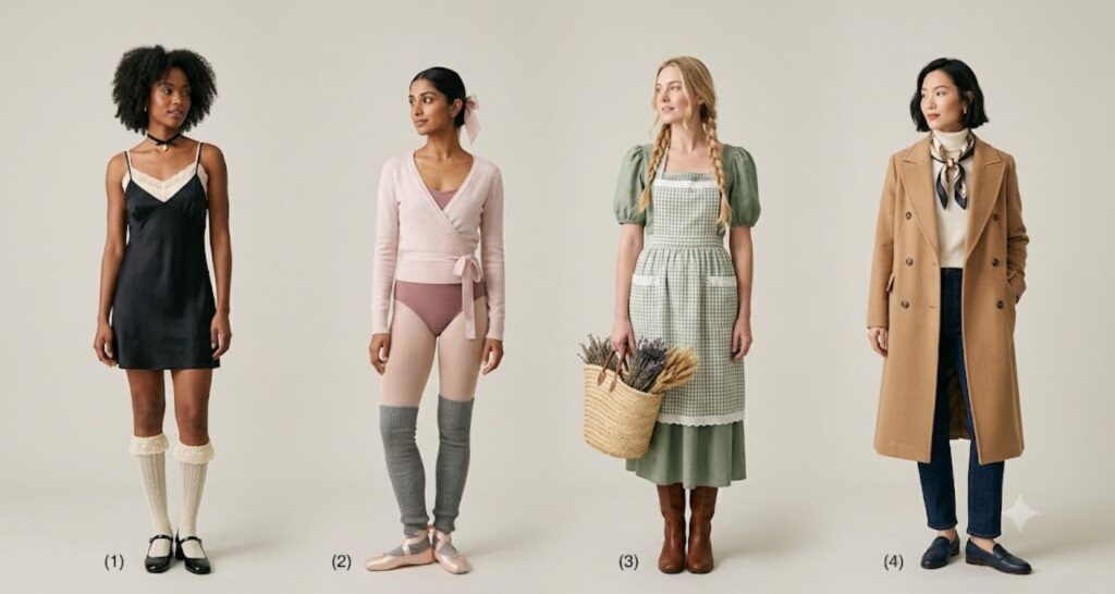 Four women modeling coquette, balletcore, cottagecore and old money aesthetics side by side for comparison
