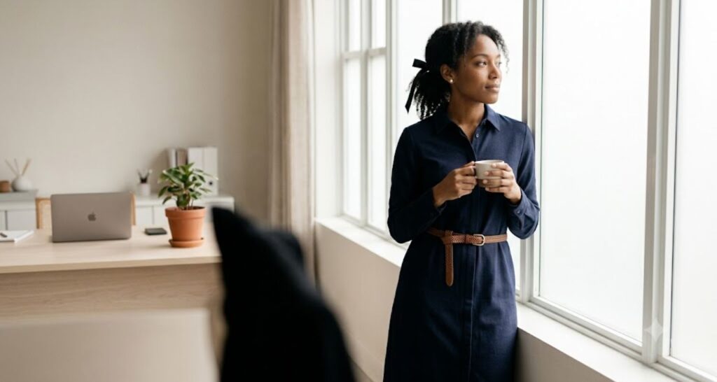 Woman in navy shirt dress with belt, ballet flats and a satin hair ribbon in a bright modern office