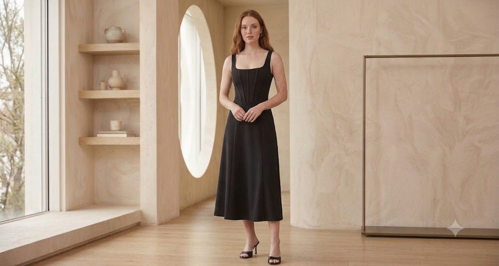 Corset-bodice dress with boning ending at the natural waist for an hourglass shape