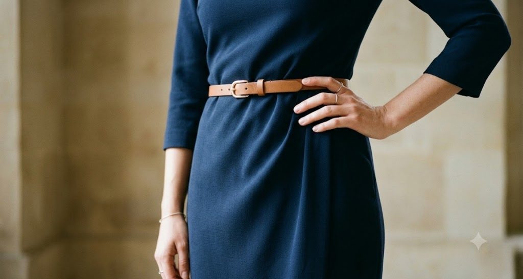 Close-up of a belted navy dress cinched at the natural waist to flatter an hourglass figure