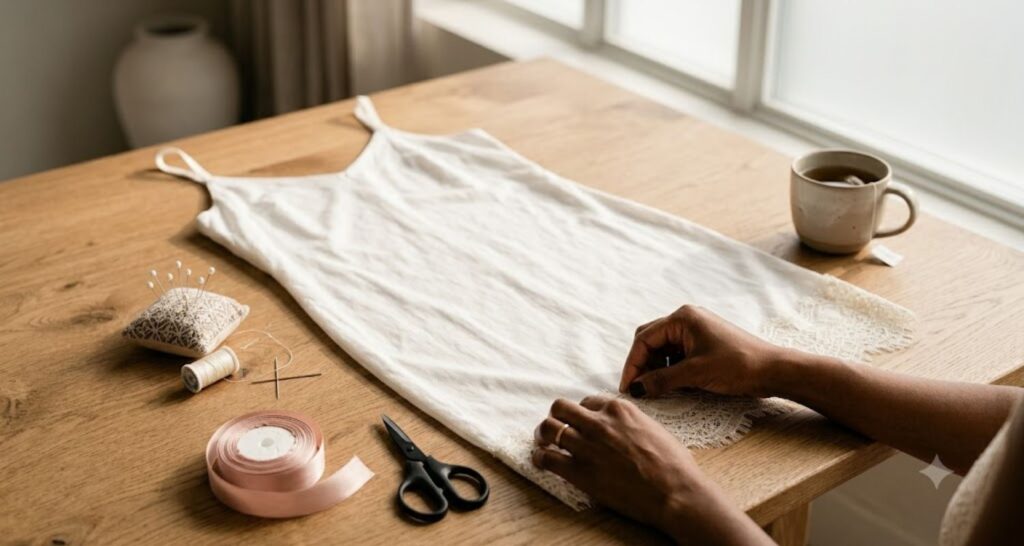 Hands pinning ivory lace trim to the hem of a white cotton dress in a DIY coquette project
