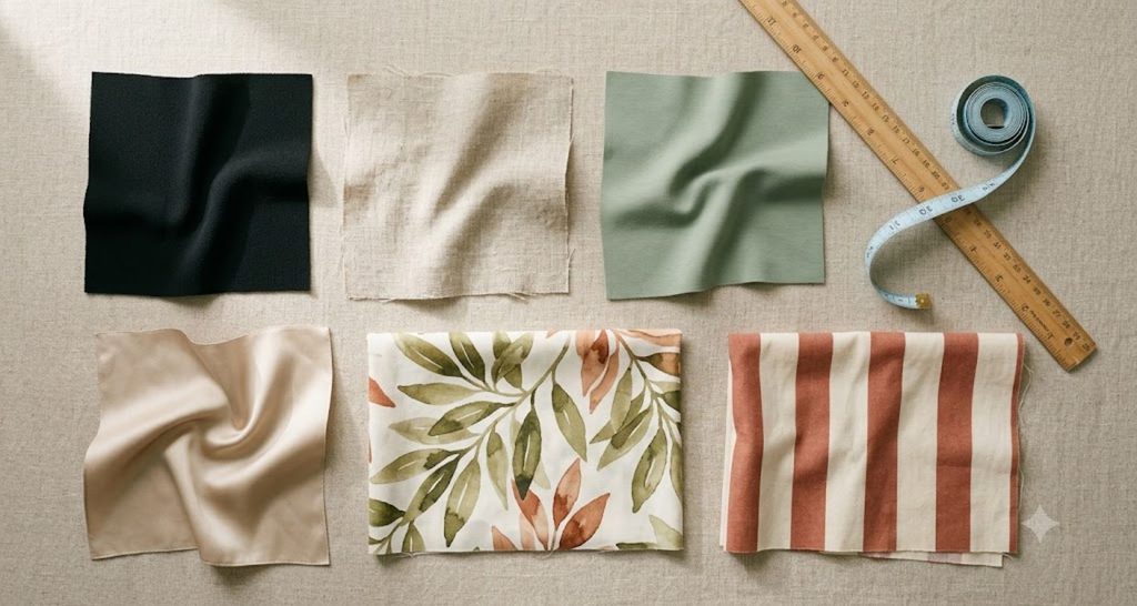 Flat lay of dress fabrics showing crepe, linen, ponte, and large-scale print swatches