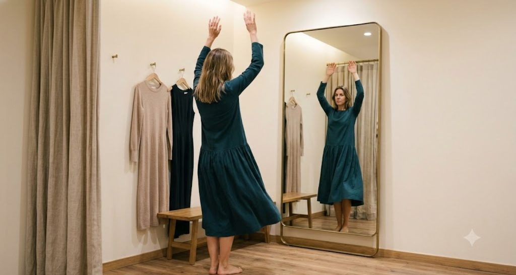 Tall woman raising her arms in a fitting room to test the bodice length of a dress
