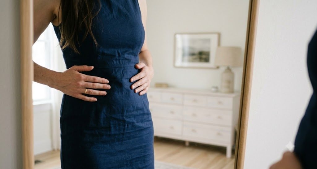 Close-up of a dress waist seam sitting too high above a tall woman's natural waist