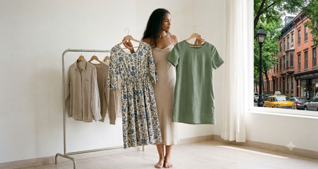 Rack of dresses in a bedroom with a tall woman comparing empire waist and mini styles
