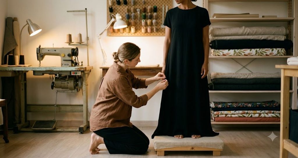 Overhead flat lay with a tape measure, notebook, and folded dresses in neutral tones