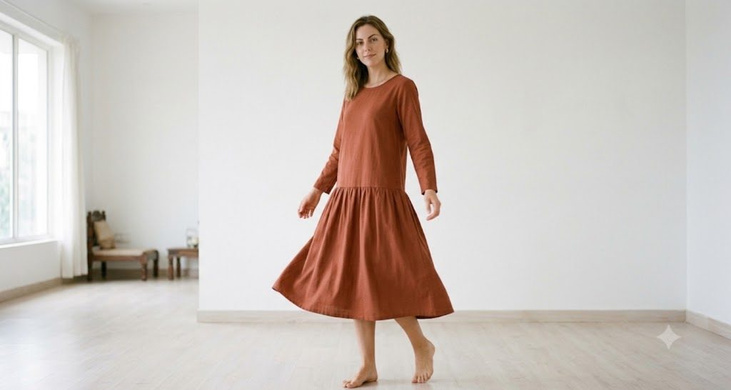 Tall woman in a rust drop-waist dress with the seam sitting at her hip bone