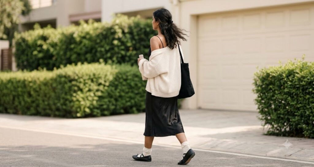 Woman in black slip dress, cream cardigan and lace socks walking outside in a casual coquette outfit