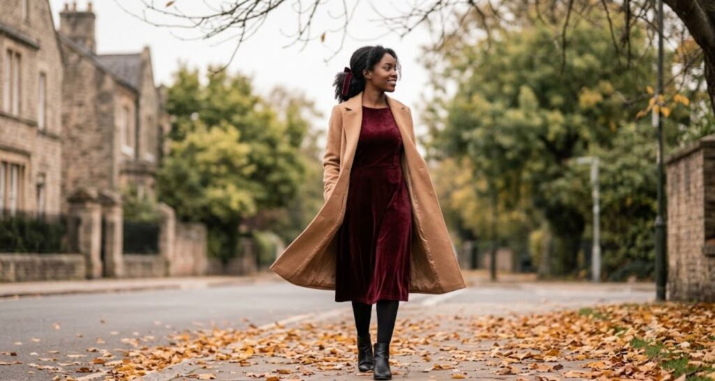 Woman in burgundy velvet dress, black tights and camel coat walking on an autumn street in a winter coquette outfit